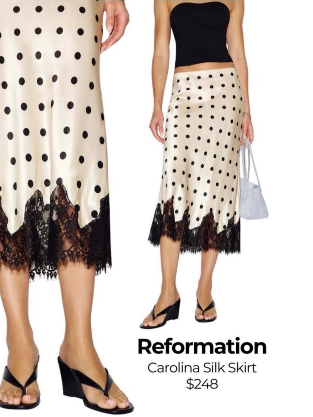 Reformation Cream and Black Polka Dot Silk Midi Skirt with Black Lace Hem